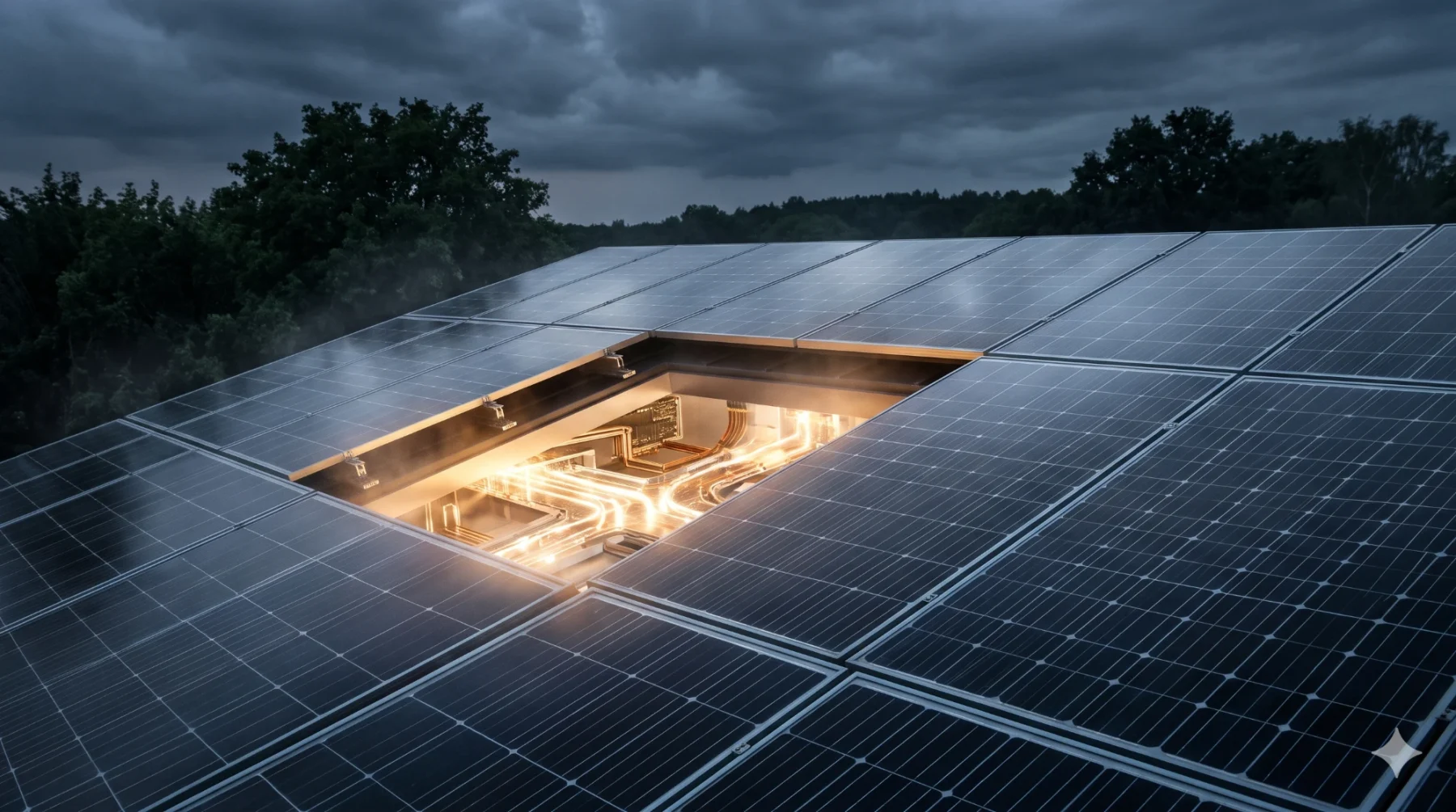 A solar module opened to show glowing circuitry