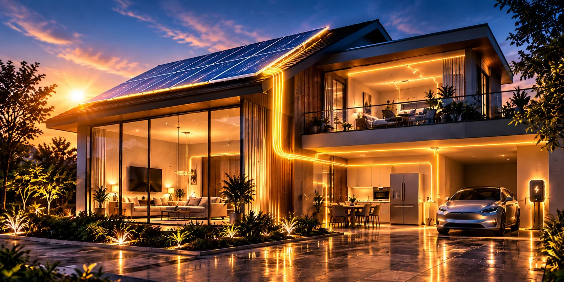 A home at sunset, powered, with an electric car charging
