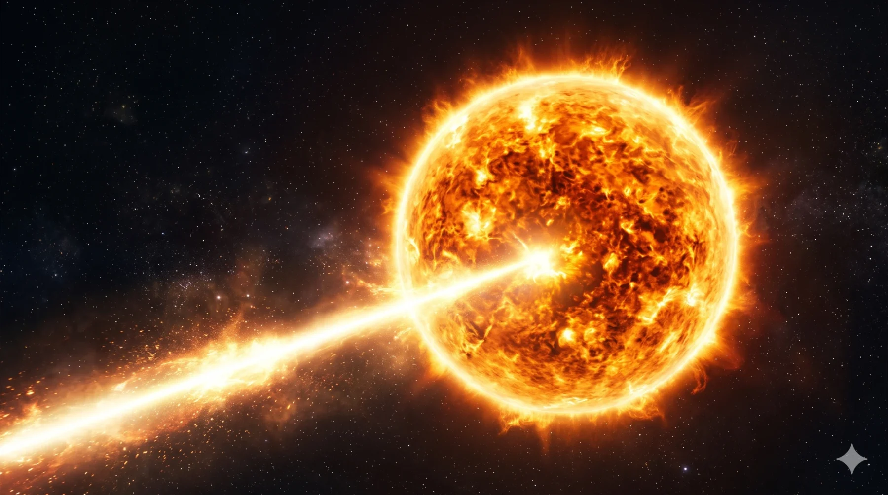 The sun, with a ray of light leaving it
