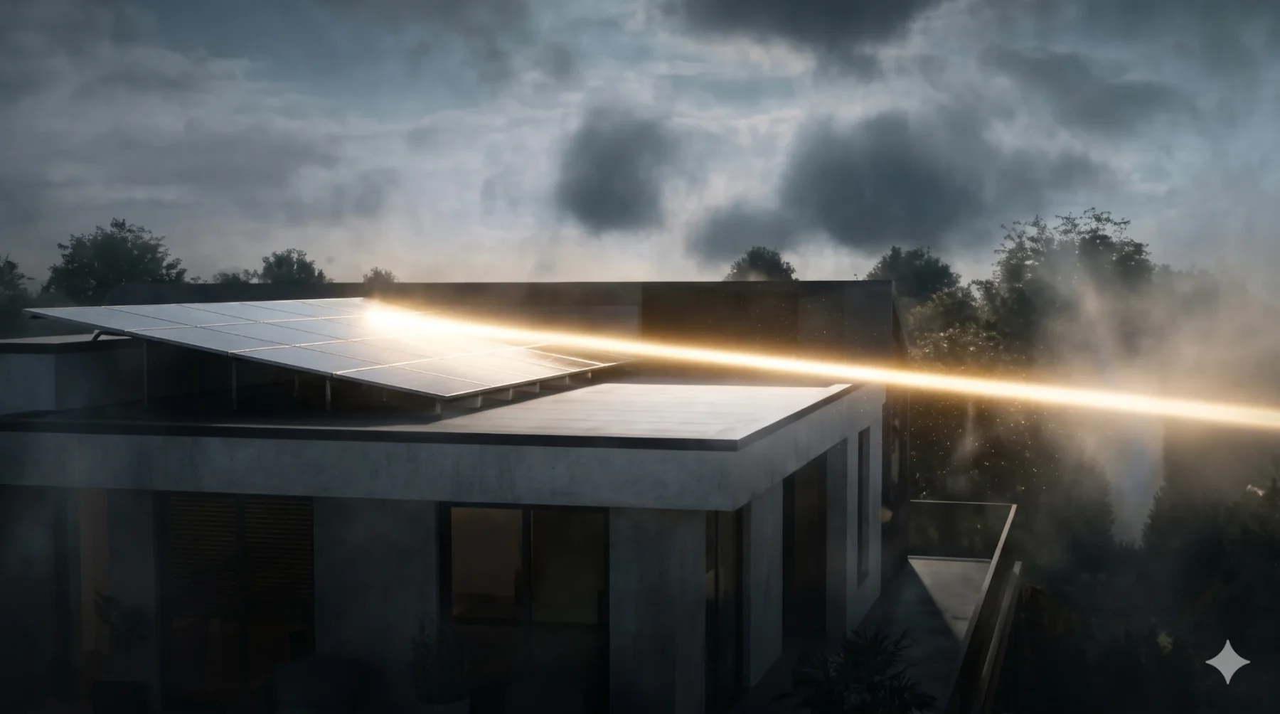 The ray landing on a rooftop solar panel